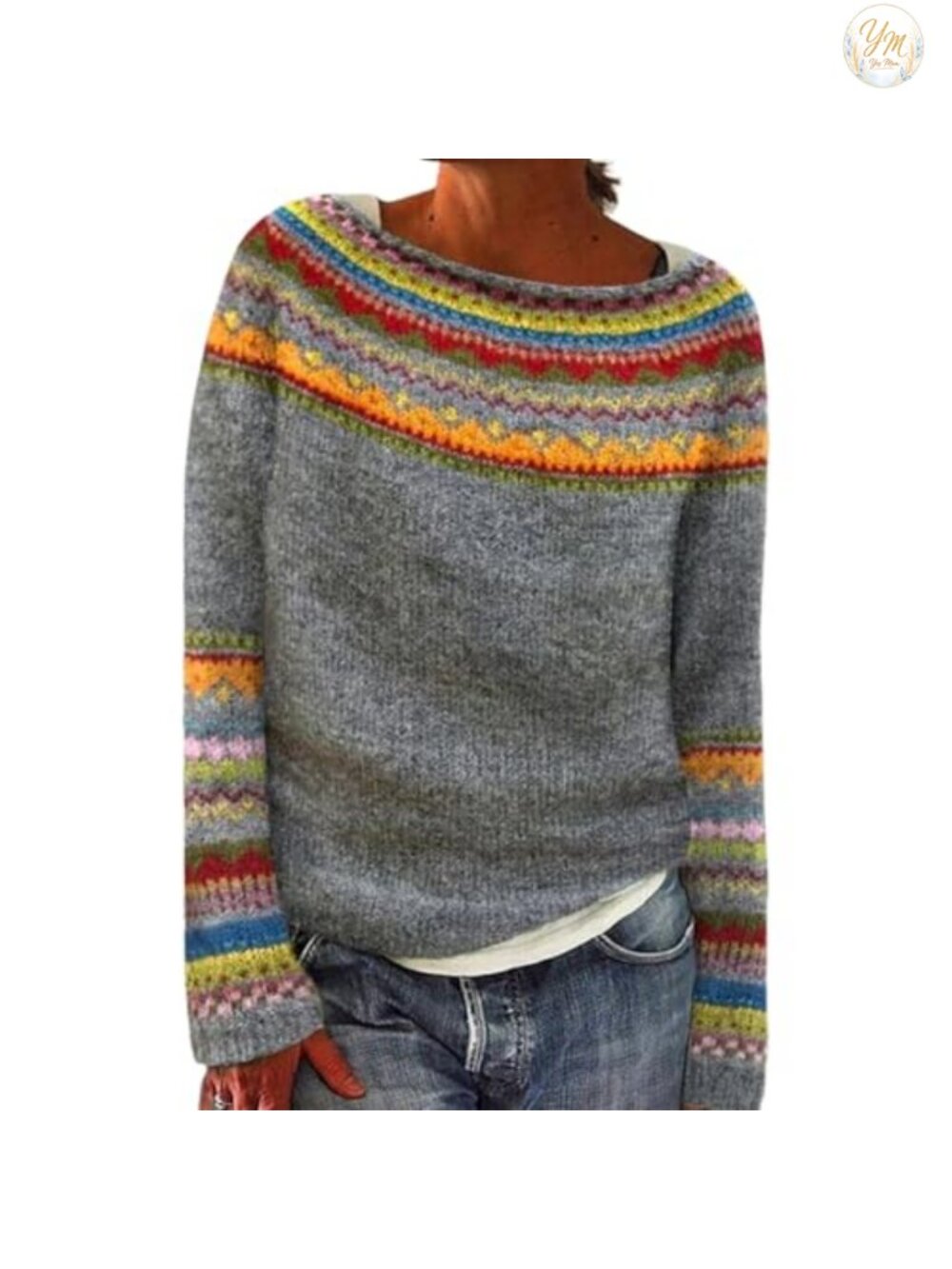 Fair Isle Pattern Knit Pullover Sweater Crew Neck Long Sleeve Lightweight